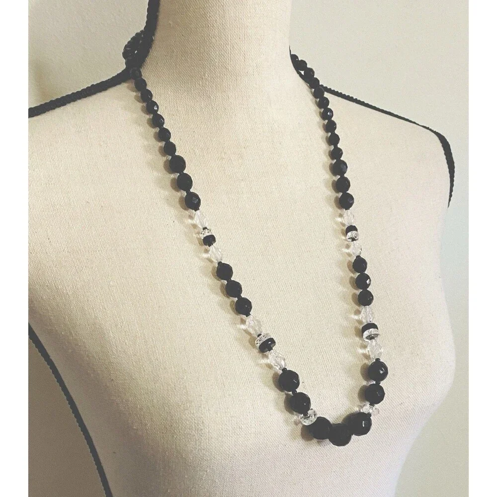 VTG  Estate French Jet & Cut Glass Bead Necklace 30 Inch Black & Clear Faceted